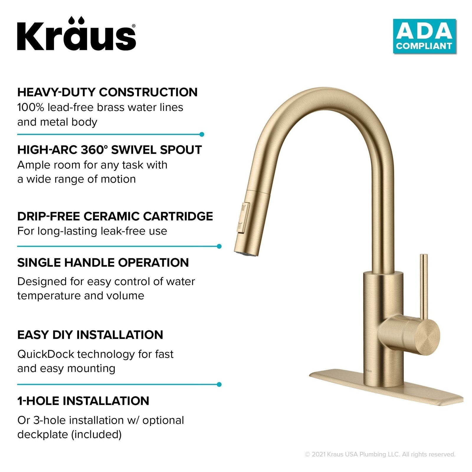 Oletto Pull-Down Single Handle Kitchen Faucet with QuickDock Top Mount Installation Assembly, Spot Free Antique Champagne Bronze W4F1 - product image 8