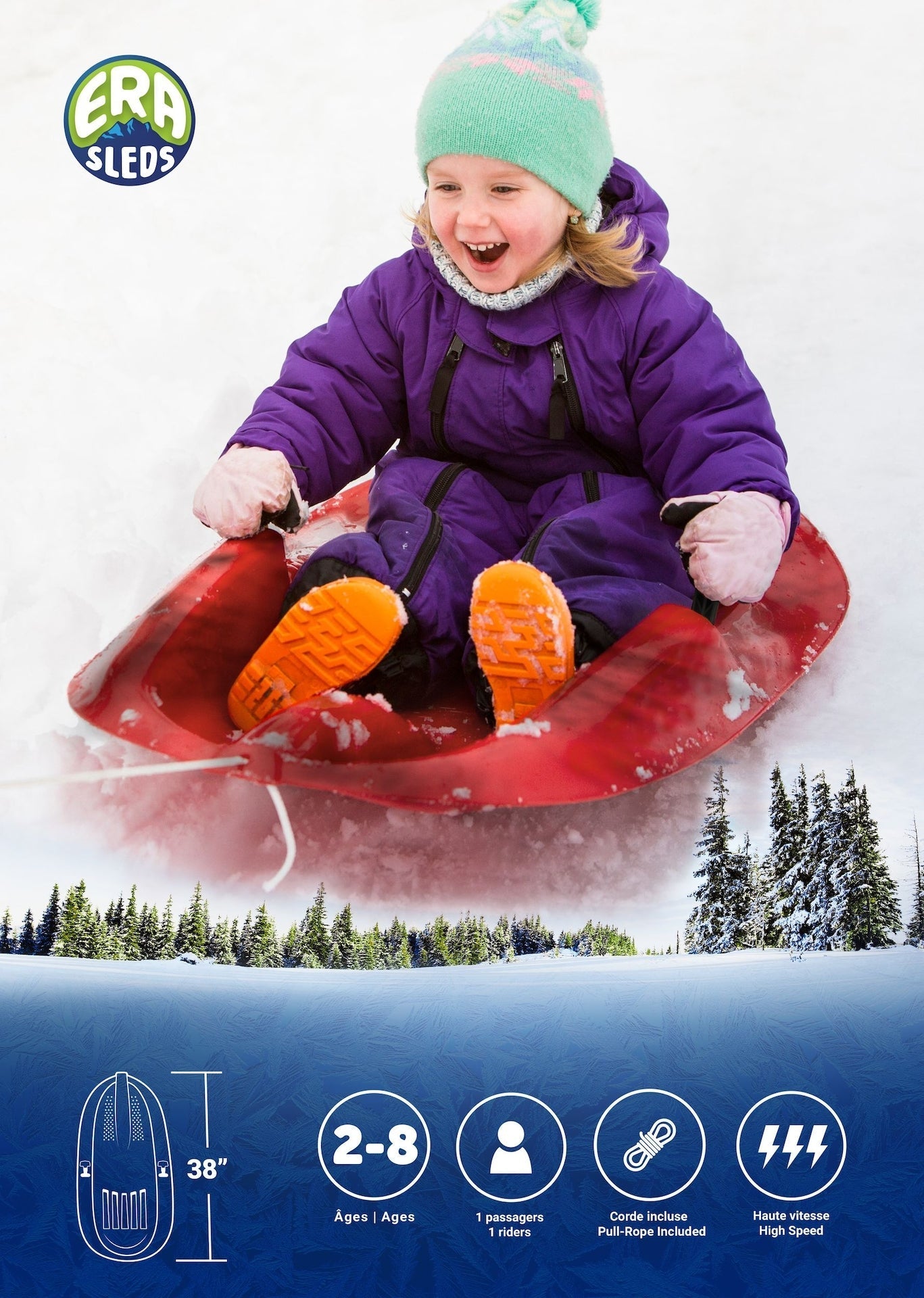 Blitz Kids' 1-Person Plastic Winter Snow Sled/Toboggan with Brakes & Tow Rope O3T5 - product image 3