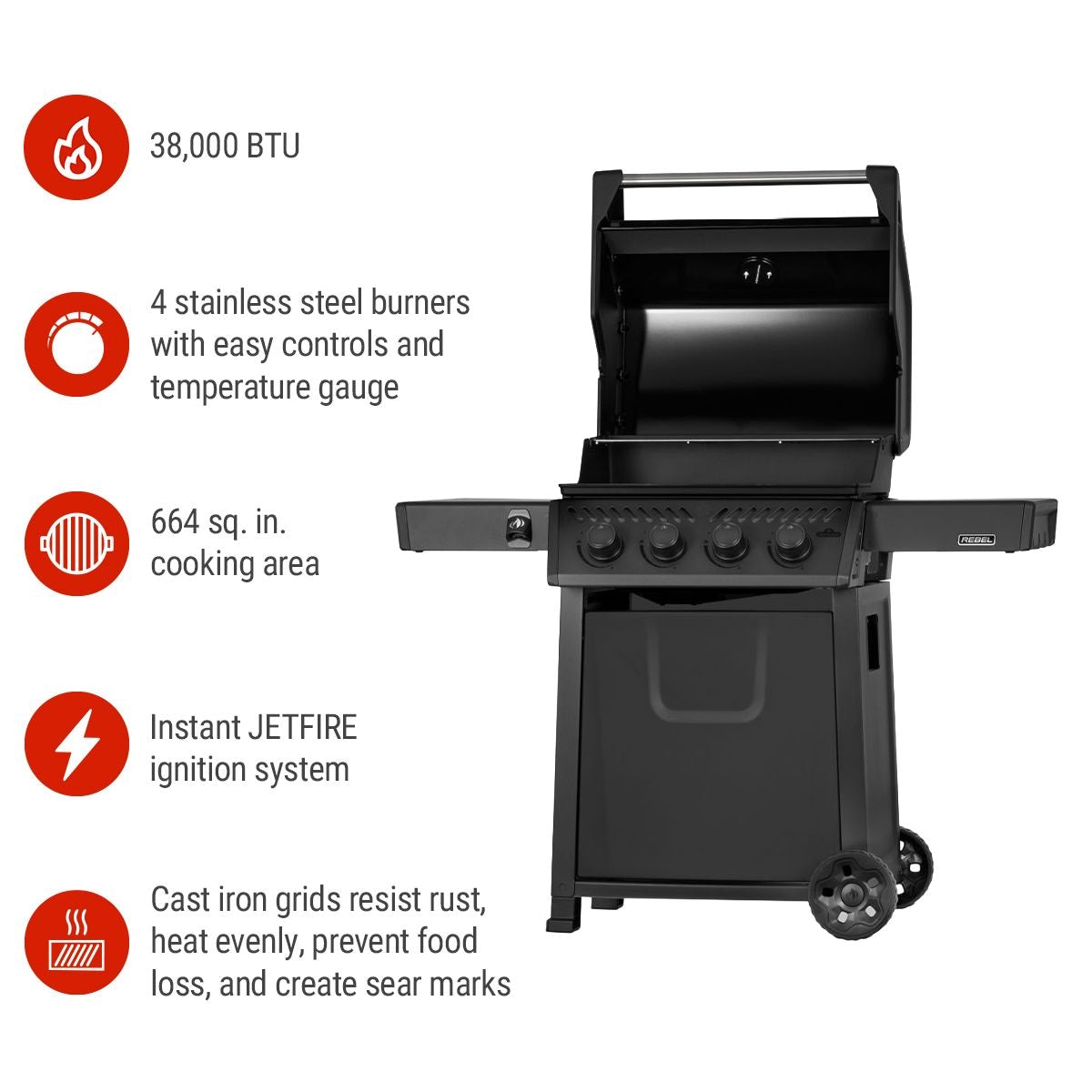 Rebel 425 4-Burner LP Gas BBQ, Matte Black D1K5 - product image 3