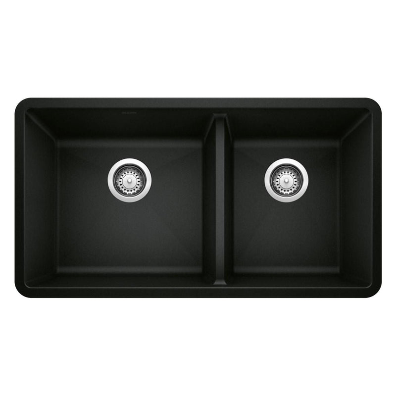 Precis SILGRANIT 33-in 60/40 Double Bowl Undermount Kitchen Sink, Coal Black D8M2