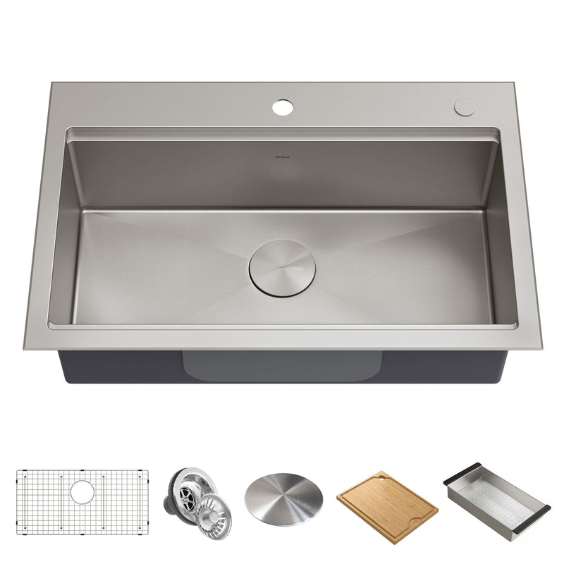 Kore Top/Undermount Stainless Steel Single Bowl Kitchen Sink with Add-Ons, 32x21x9-in E2A2