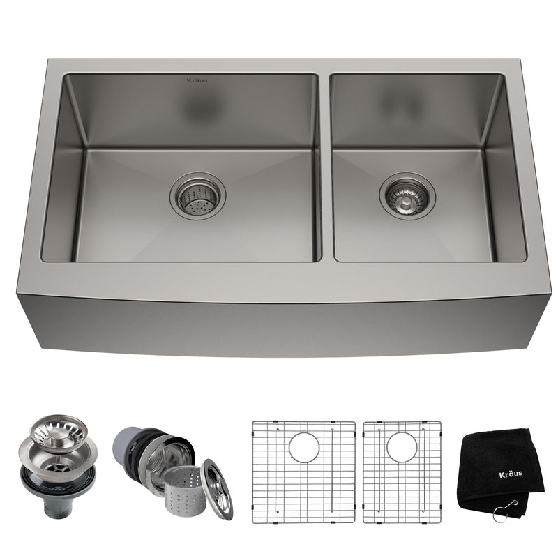 Standard PRO Apron Front Farmhouse Stainless Steel Double Bowl Kitchen Sink, 36x21x10-in F6C9
