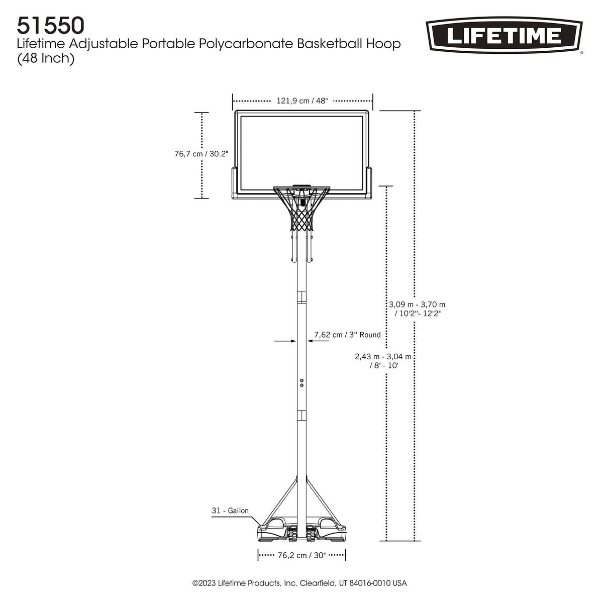 Portable Adjustable Basketball Backboard, Hoop & Net System, 48-in G7Z6 - product image 7
