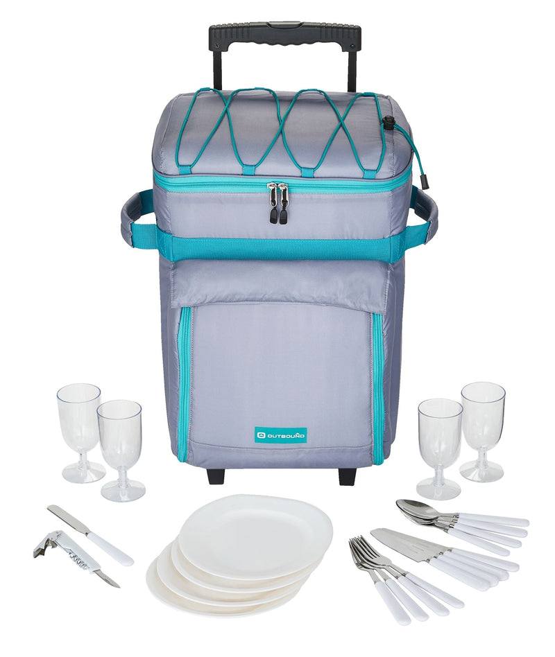 Wheeled Picnic Cooler with 21-Piece Cutlery/Plate Set, 18-Can Y2U1