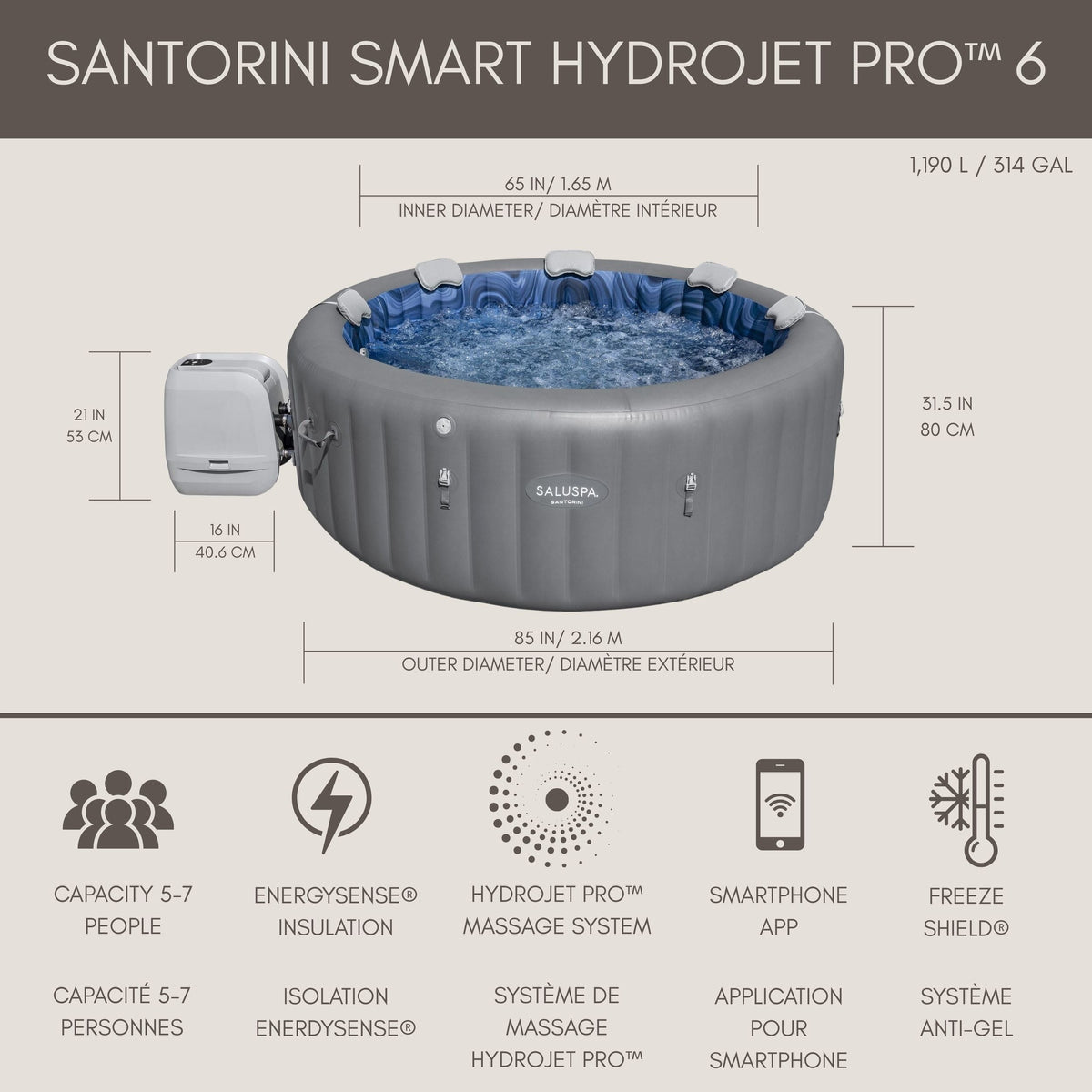 Spa Santorini Grey 7-Person Luxe HydroJet Pro Round Smart Spa, 85-in x 31.5-in P7N0 - product image 6
