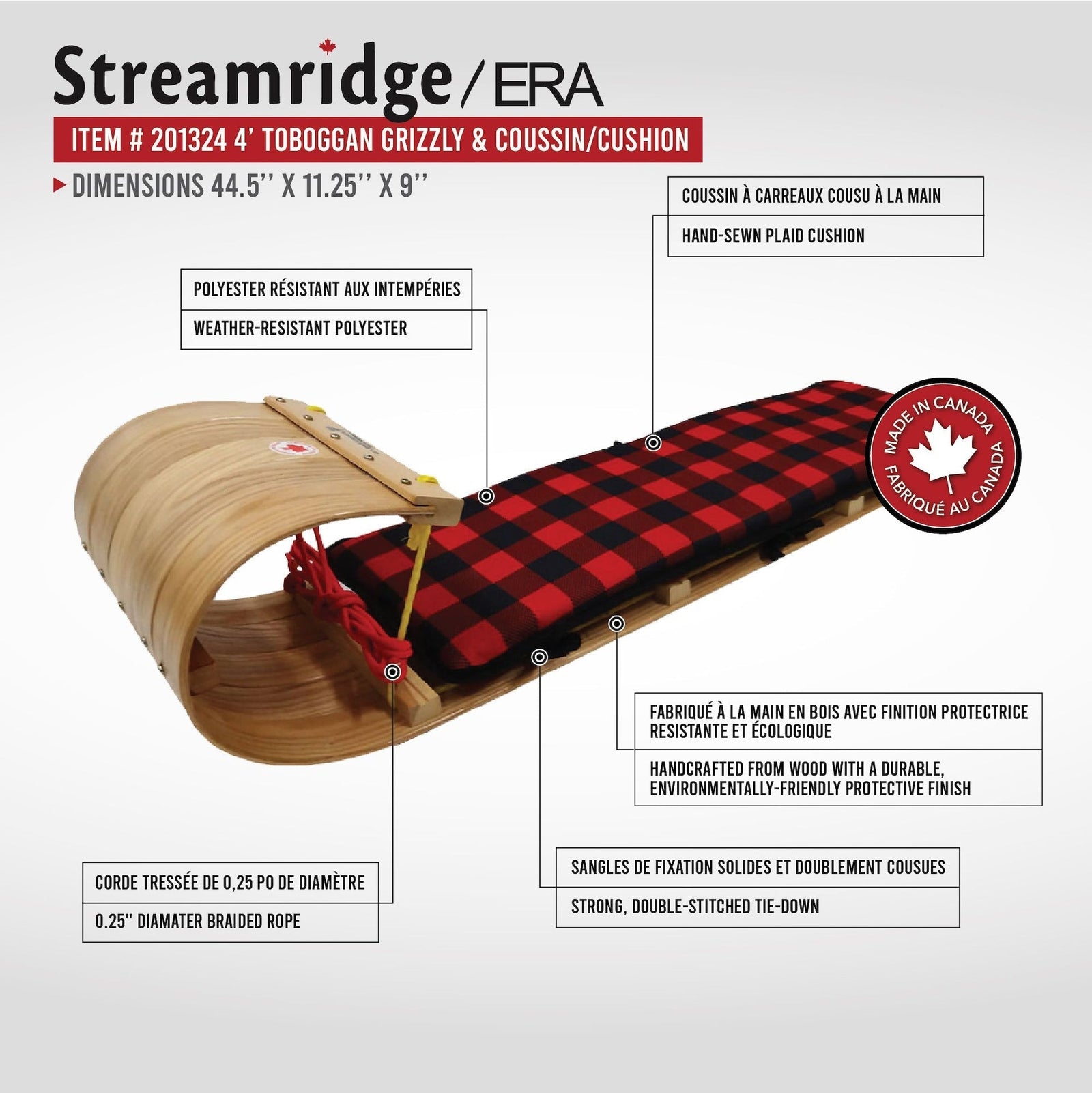 Grizzly Kids' Traditional Vintage Wooden Winter Toboggan Sled & Seat Pad, 4-ft R1B3 - product image 4