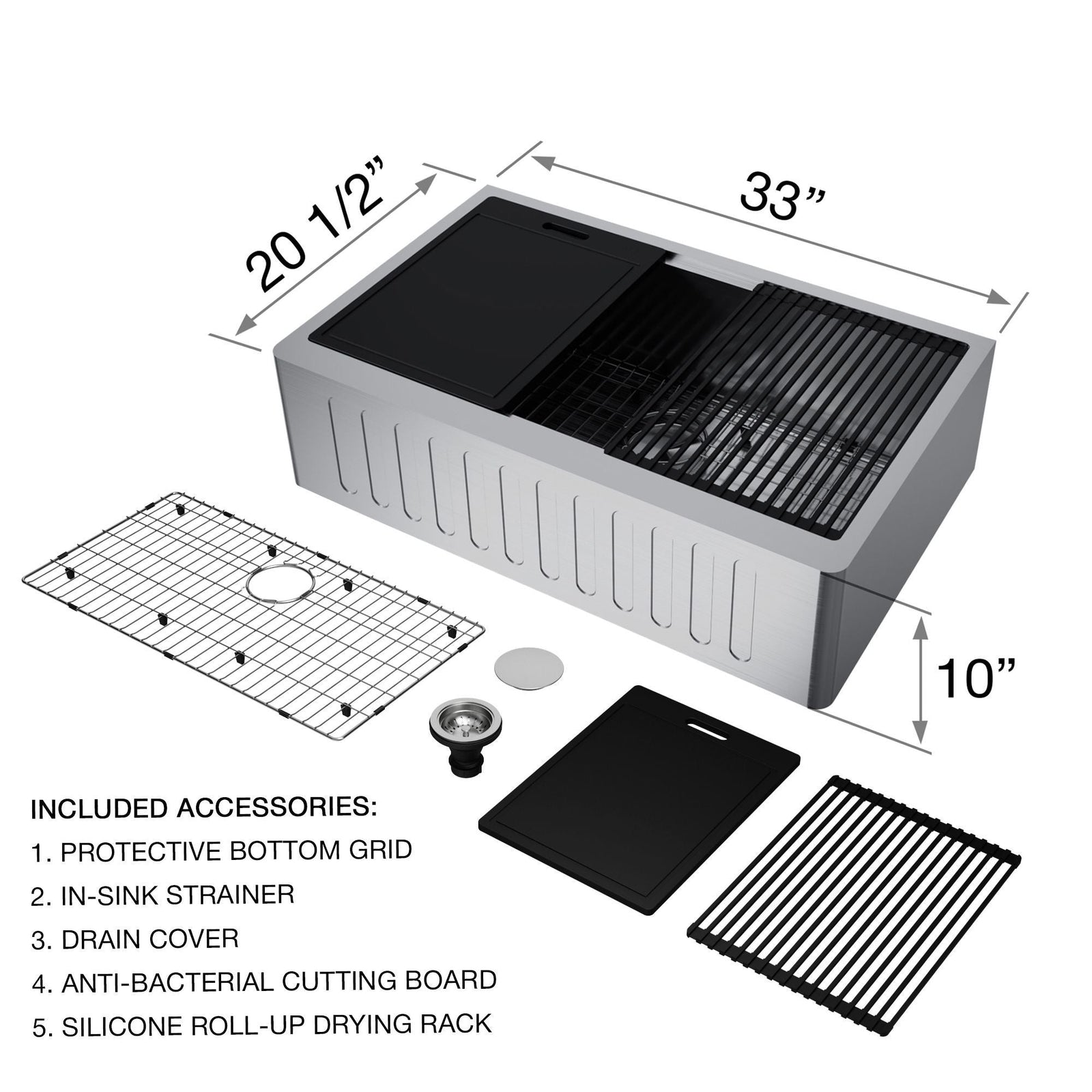 Oxford 1-Bowl Stainless Steel Apron Front Farmhouse Kitchen Sink with Accessories, 33-in X8S5 - product image 8